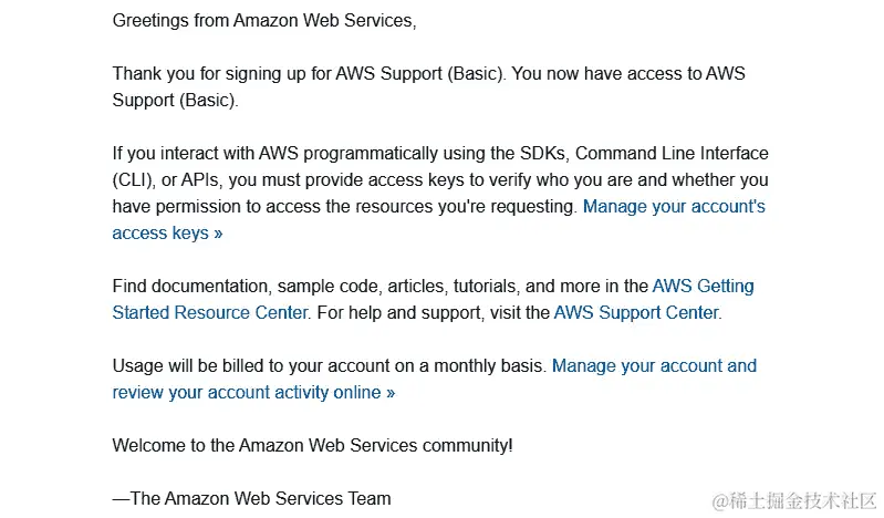 图 1.3 – AWS 账户创建后的电子邮件