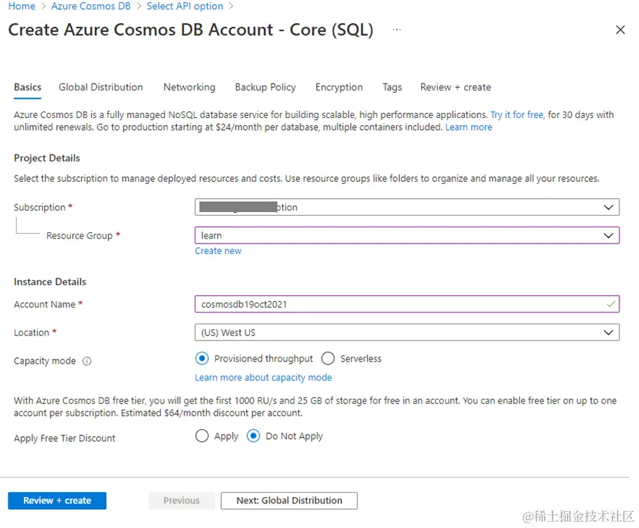 Create cosmos DB account