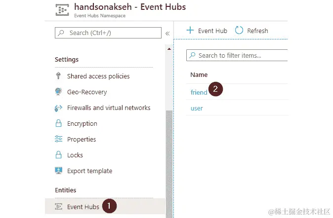 在屏幕左侧的导航窗格中，向下滚动到实体部分。点击事件中心。您会看到两个主题：friend 和 user。点击 friend 主题以获取更多指标。