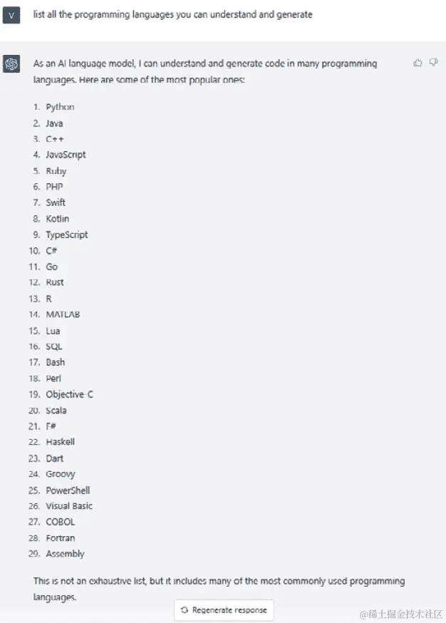 图 6.1 – ChatGPT 列出了它能够理解和生成的编程语言