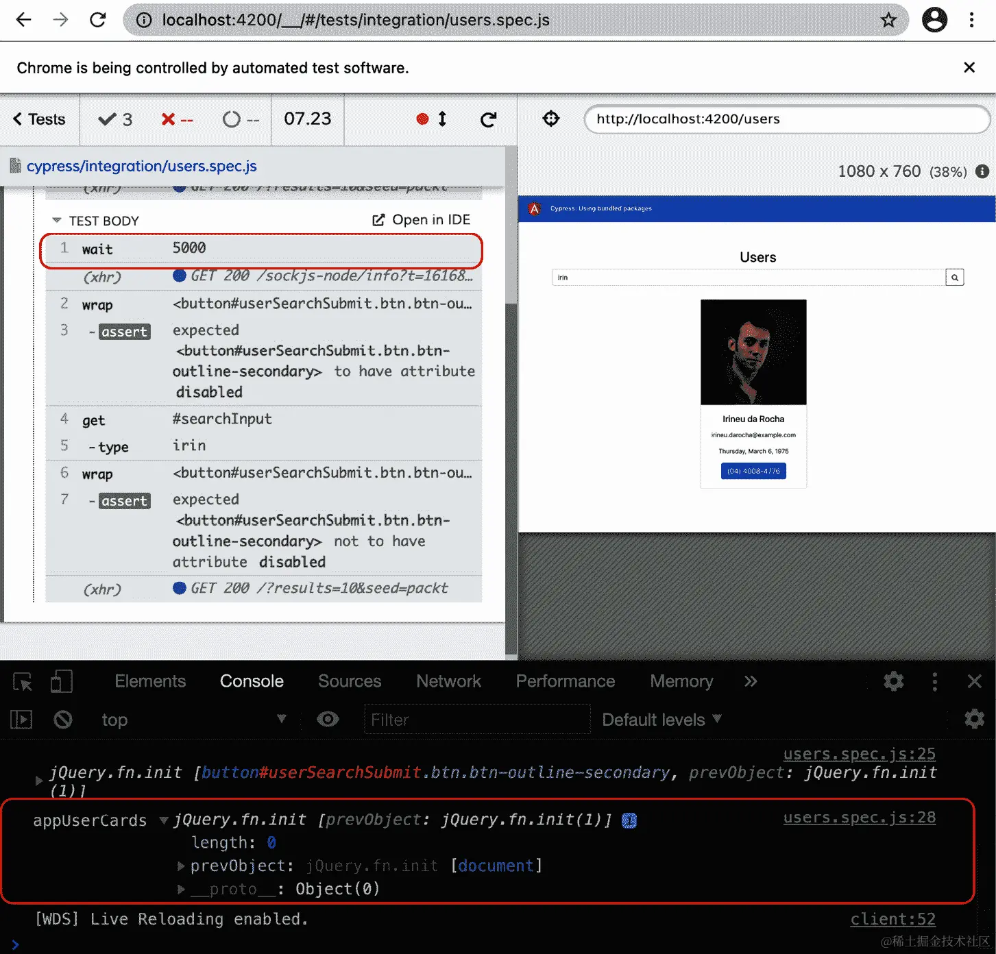图 11.15 - 即使使用 cy.wait（5000）也找不到使用 Cypress.$的用户卡