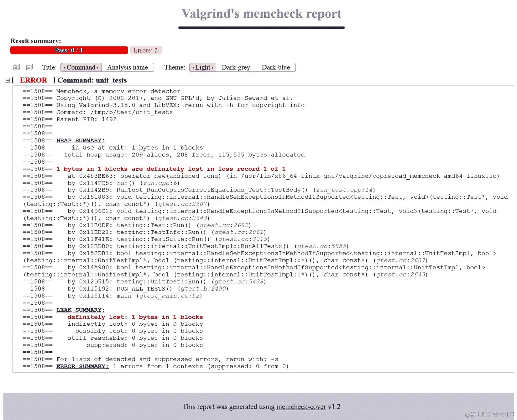 图 9.1 – 由 memcheck-cover 生成的报告