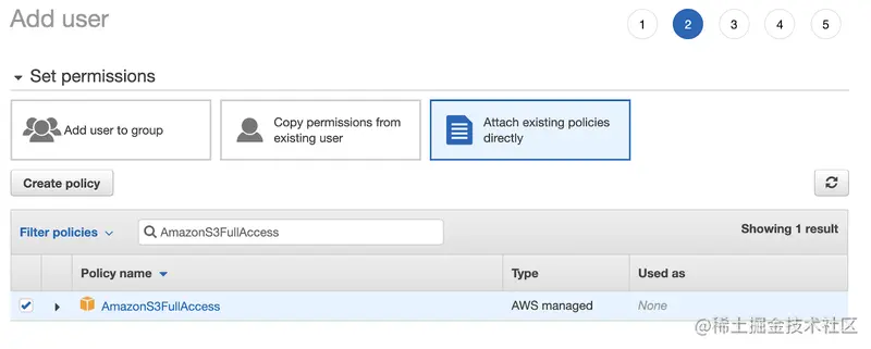 Settings page to Set permissions for the newly created IAM user with policy name AmazonS3FullAccess