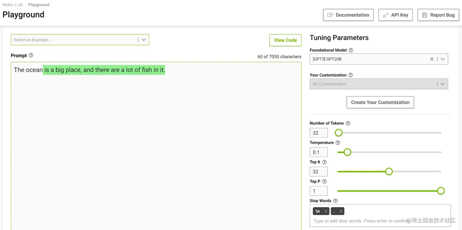 Screenshot of the ocean prompt with temperature = 0.1 and output, “The ocean is a big place and there are a lot of fish in it.”