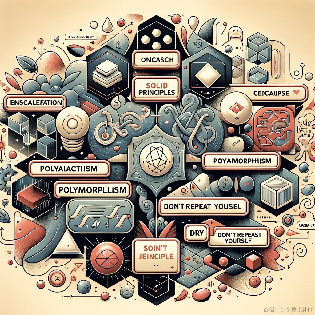 DALL·E 2023-11-13 23.30.40 - An abstract illustration showing various advanced design pattern concepts and principles, like encapsulation, polymorphism, SOLID principles, DRY (Don.png