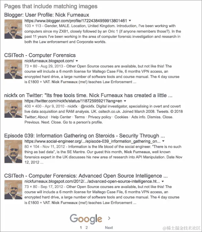 谷歌页面的屏幕截图，显示了一个具有匹配图像的人的详细信息，该人拥有一个 Blogspot 页面，并且也在一个法医学页面上写了东西。