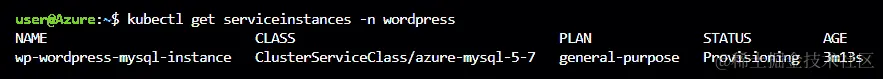 输出代表使用 svcat 使用 kubectl get serviceinstances -n wordpress 命令获取我们的 MySQL 实例。您将看到名称，类别，计划，状态和年龄。