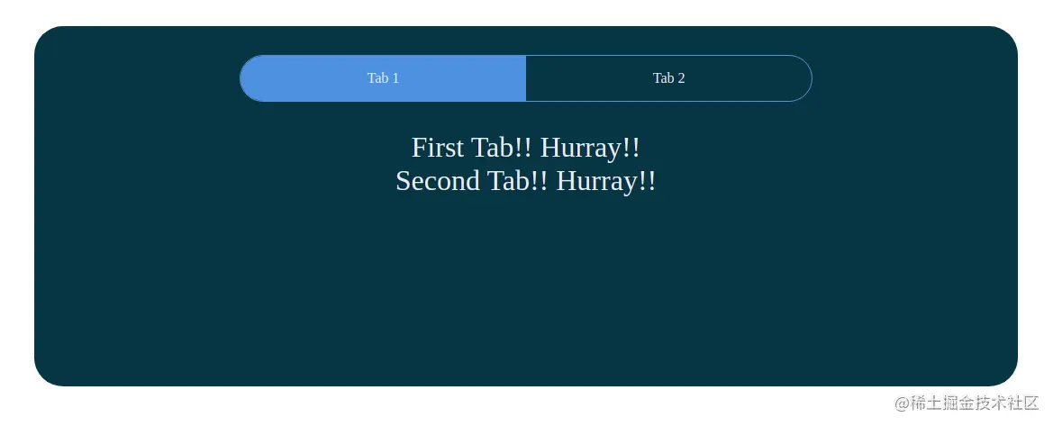 Screenshot of same React app with tabs as before, but with "first tab! Hurray" and "Second tab! Hurray!" written below both tabs