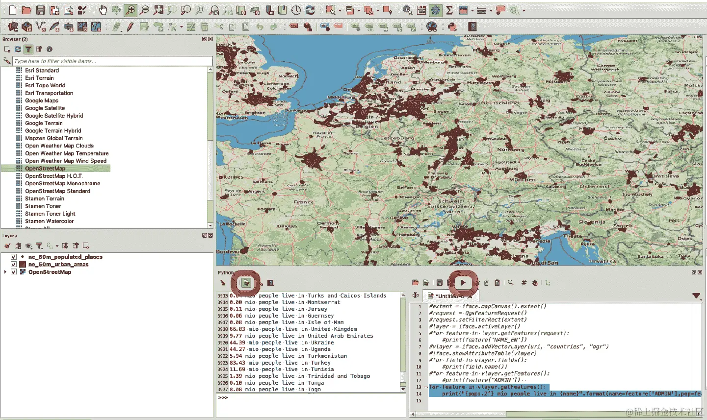 Python 控制台窗口中的人口数据（QGIS）