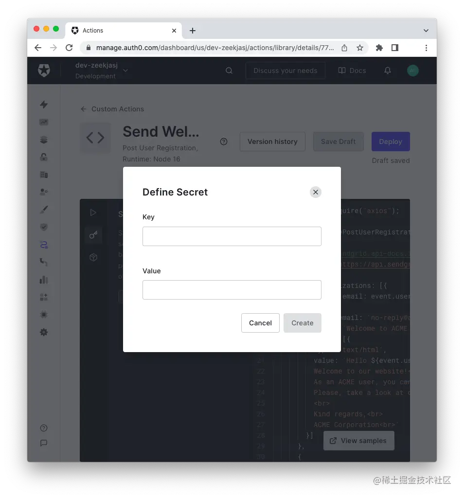 Define a secret for an Auth0 Action
