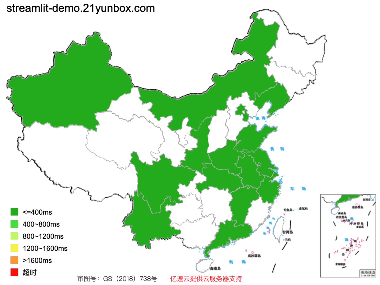 左图: 部署在 Heroku 的网站测速结果； 右图是提速后的测速结果。颜色代表网站的反馈时间，绿色代表快，越接近红色代表极慢甚至没法访问。