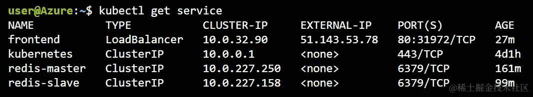 执行 kubectl get service 命令时，会生成一个输出，其中前端、kubernetes、redis-master 和 redis-slave 都有一个 Cluster IP。但是，这里只有前端有一个 External IP。