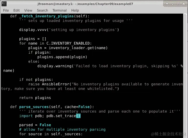 图 9.9 – 在 ansible-core inventory manager 代码中添加 pdb 断点