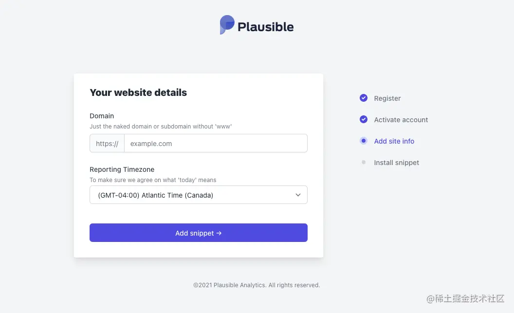 A screenshot of the Plausible initial setup workflow, asking for the domain of your website and a timezone