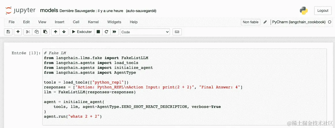 图 3.1：带有 LangChain 代理的 Jupyter Notebook。