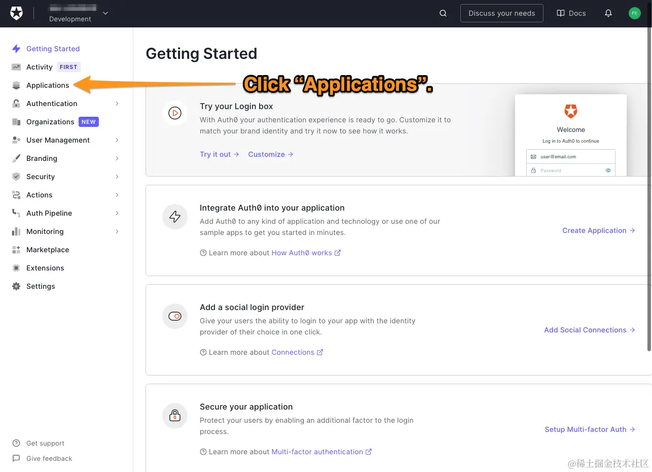 The main page of the Auth0 dashboard. The reader is directed to click “Applications”.
