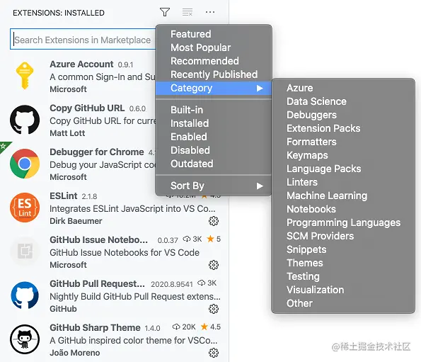 Extensions filter menu