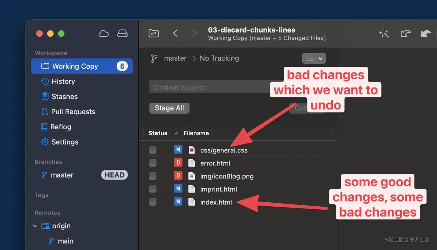 Local, uncommitted changes — some of which we want to discard