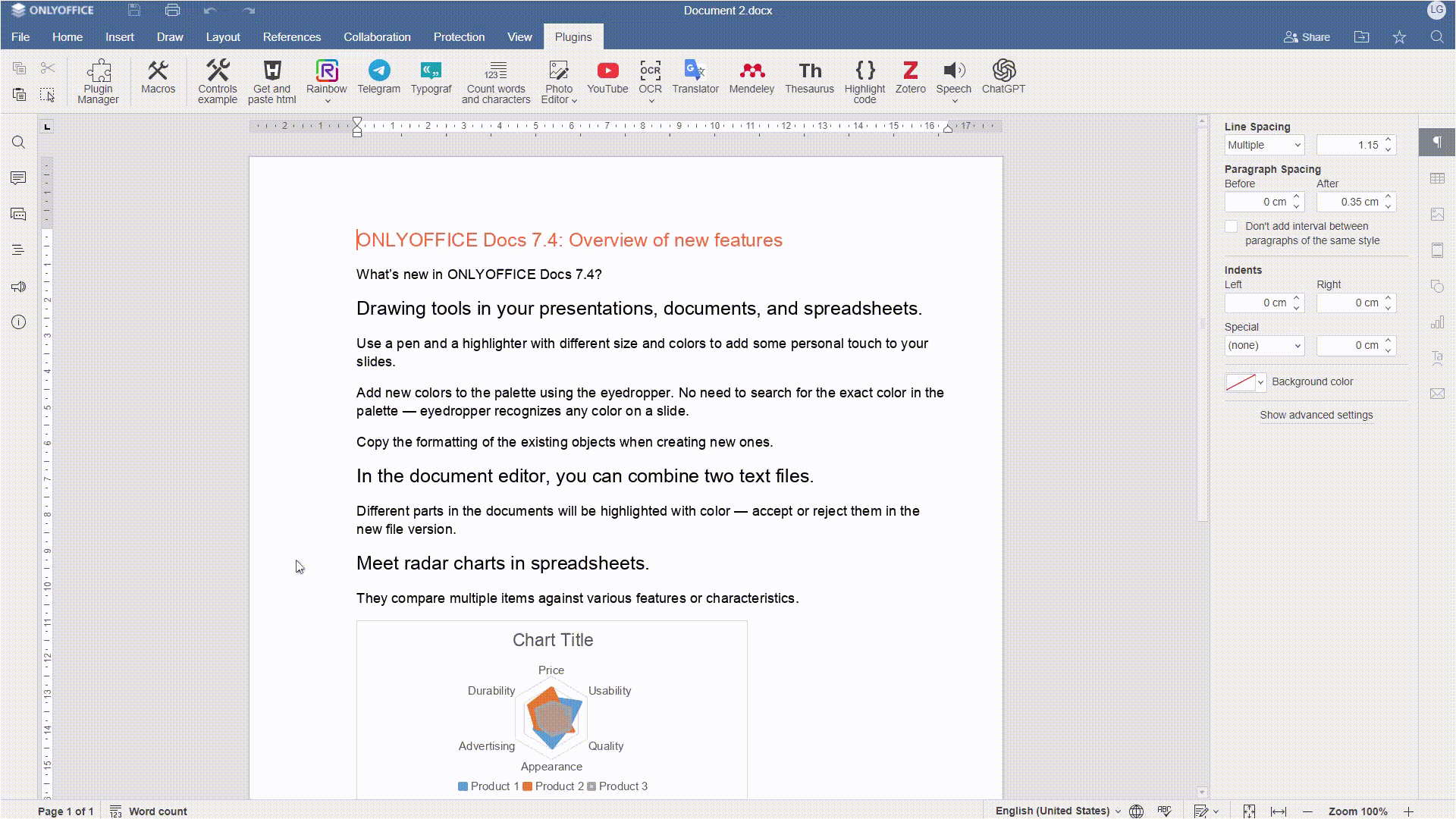ONLYOFFICE Docs 7.4 released: drawing, radar charts, combining documents, saving objects as pictures, upgraded ChatGPT plugin, and more