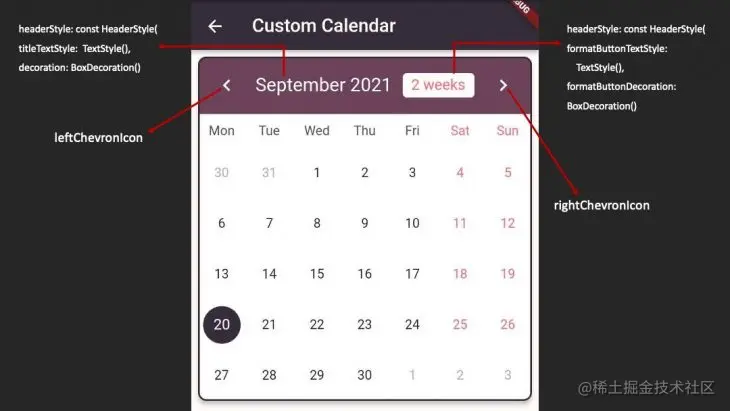 Flutter Custom Calendar Header Styling