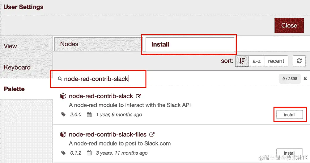 图 12.23 - 安装 node-red-contrib-slack 节点