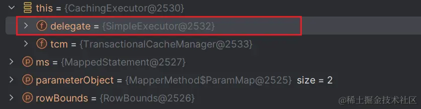 过断点查看delegate属性可知：默认被装饰的Executor接口实现类是SimpleExecutor