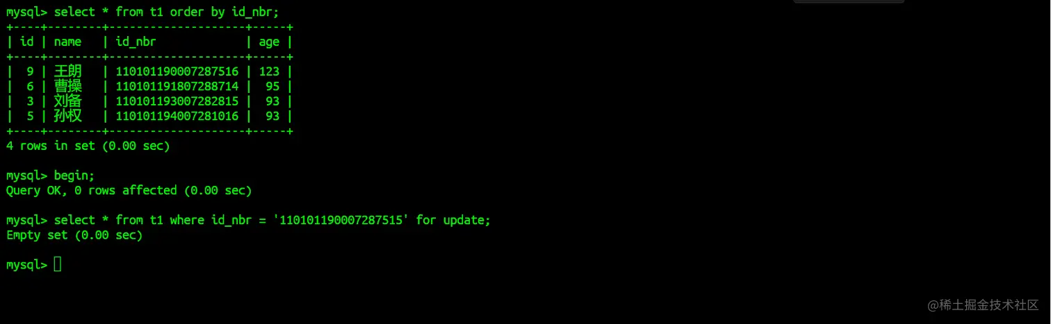 select * from t1 where id_nbr = '110101190007287515' for update;