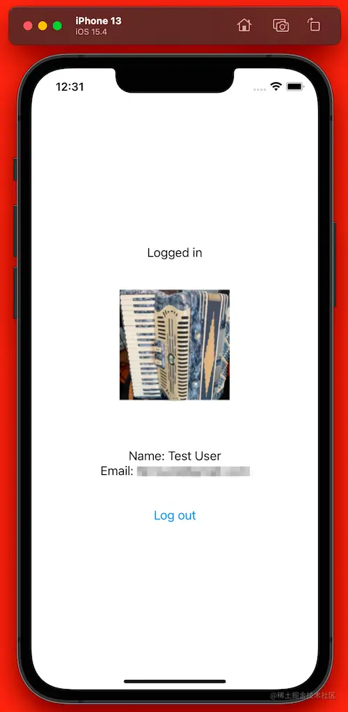 The app’s “logged in” screen, featuring the text “Logged in” and displaying the user’s picture, name, and email address.
