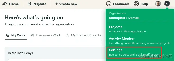 Settings menu in Semaphore