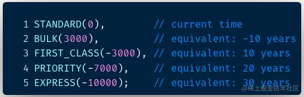 图3. Cosmos中的流编码流水线所用的PriorityClass枚举代码片段，括号中的值表示以天为单位的偏移量。