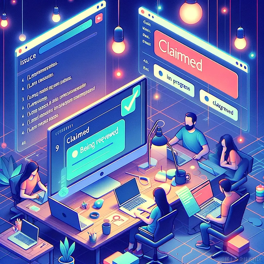 DALL·E 2024-02-05 22.46.11 - 设计一个简化的流程图，展示GitHub项目管理中避免重复劳动的关键步骤。图中包含：1. 一个代表issue的图标，旁边是一个问号。2. 一个手的图标，正拿起一个标有“领取”的标签，表示某人正领取任务。3. 几个标签图标，分别写着“claimed”、“in progress”和“being revie.webp