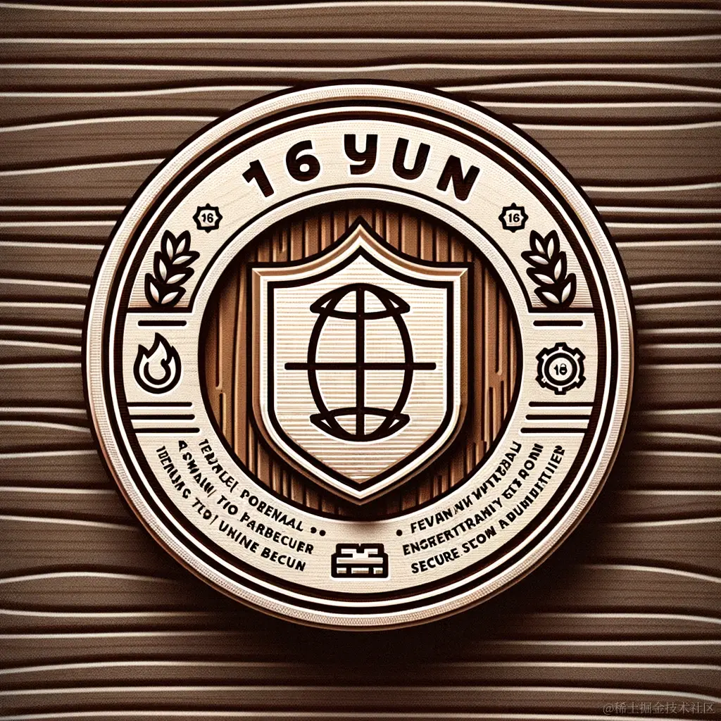 DALL·E 2023-10-11 15.21.23 - Illustration on a refined wooden texture background with a badge engraved with the '16YUN' Logo. Below the badge is a firewall icon with brief texts b.png