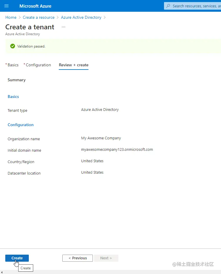 azure review and create tenant