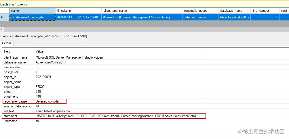 Deferred compile event for query recompilations
