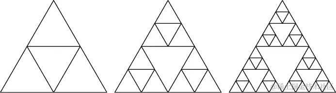 图形描绘了三角形。第一个三角形中间有一个较小的倒置三角形，将原始三角形分成较小的三角形。下一个三角形显示了这三个较小的外部三角形，每个都分成更小的三角形。第三个三角形显示了这些更小的三角形进一步分成三角形。