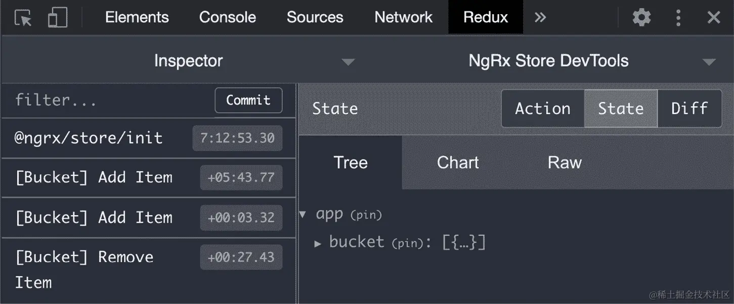 图 6.7 - Redux DevTools 显示 addItemToBucket 和 removeItemFromBucket 动作