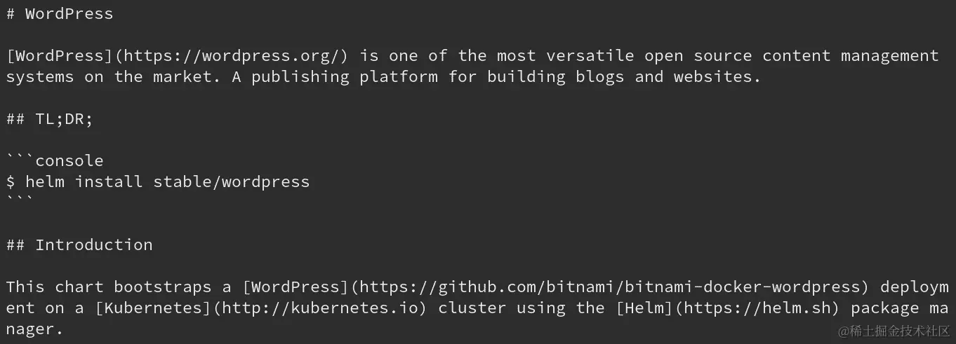 图 3.8 - 在命令行中显示的 wordpress 图表的 README 文件