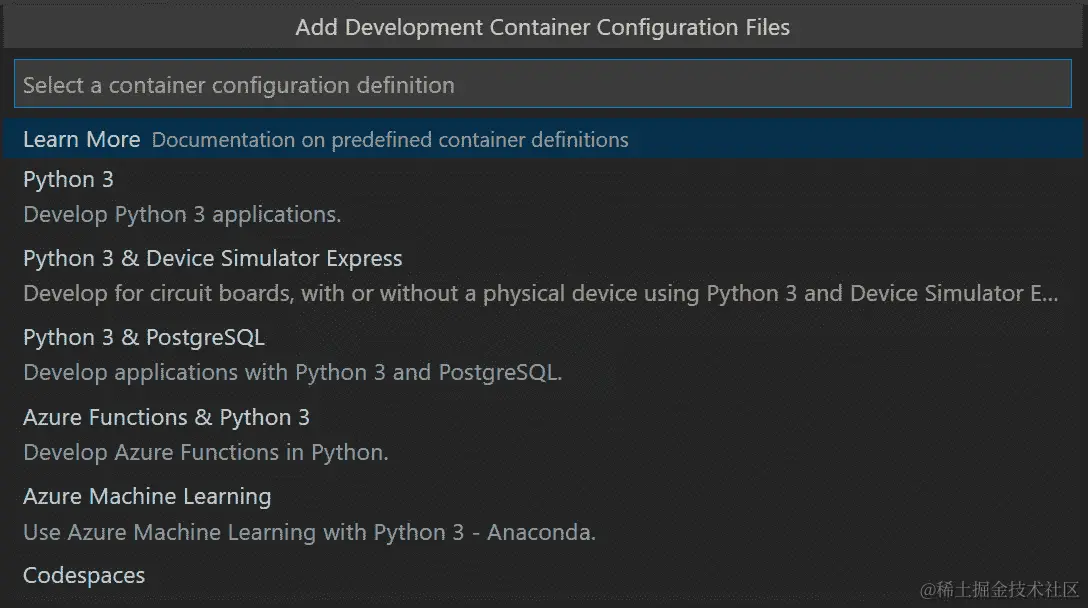 图 10.1-显示开发容器配置列表的屏幕截图