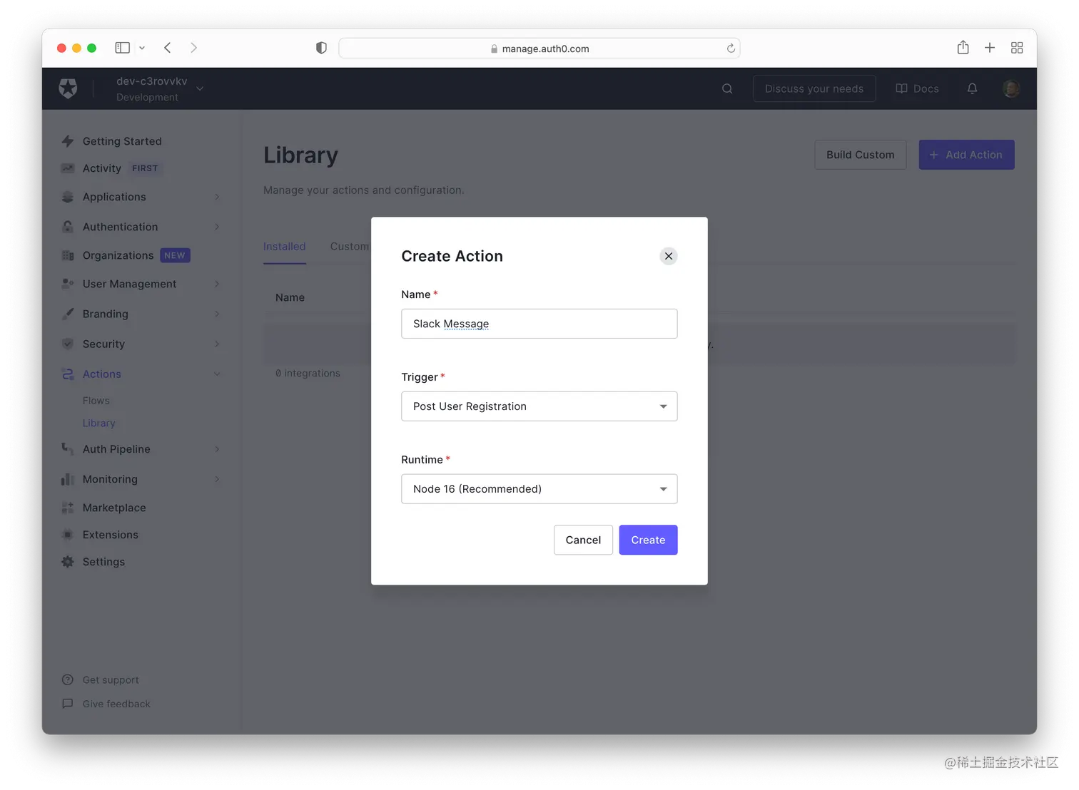 Auth0 Create Action Modal