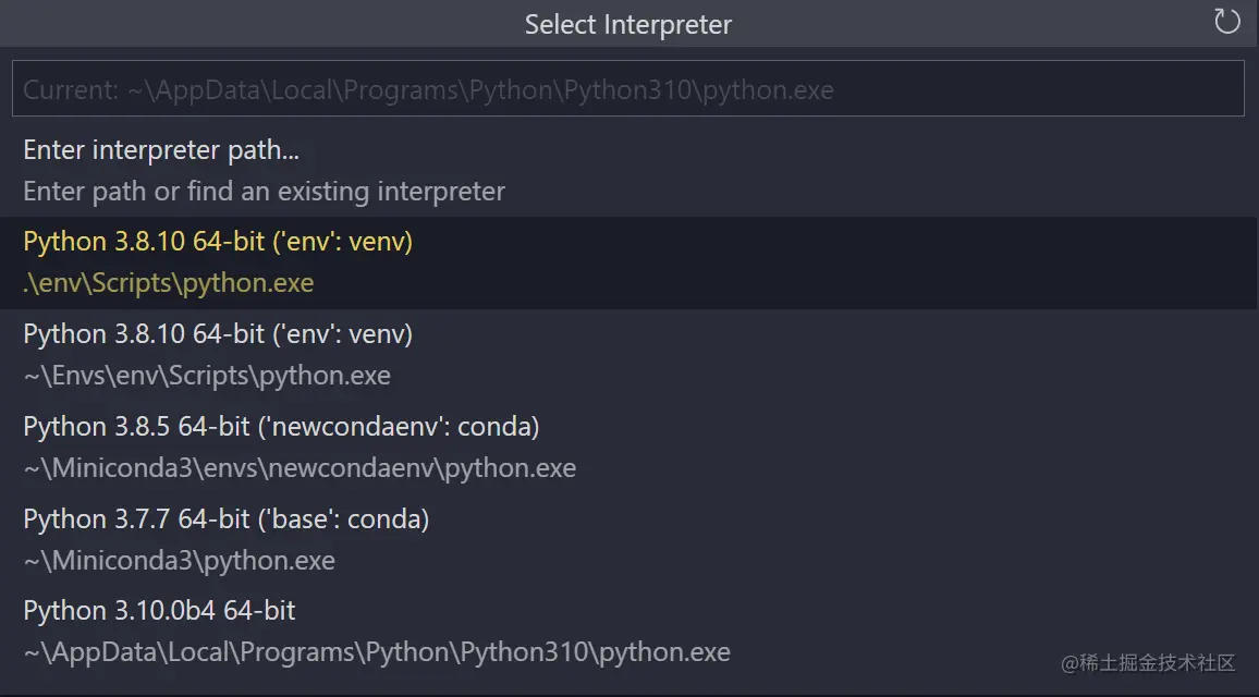 List of Python interpreters listed in the new sorting order
