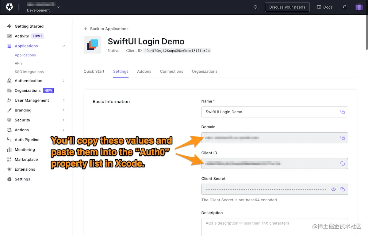 The “Application” page’s “Settings” tab.