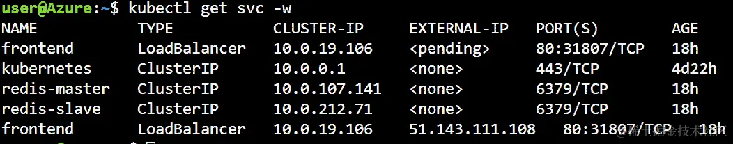 使用 kubectl get svc -w 命令，前端服务的外部 IP 将从<pending>更改为实际的外部 IP 地址。
