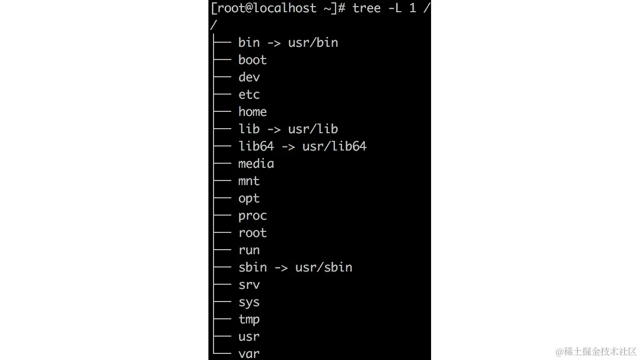 使用 tree 实用程序查看根文件系统的目录结构。