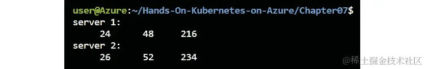 输出显示服务器 1 和服务器 2 的命中实例分别为 24、48、216 和 26、52、234。