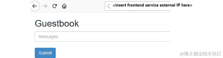 在浏览器导航栏中输入前面命令获取的外部 IP。显示一个带有粗体字 Guestbook 的白屏。