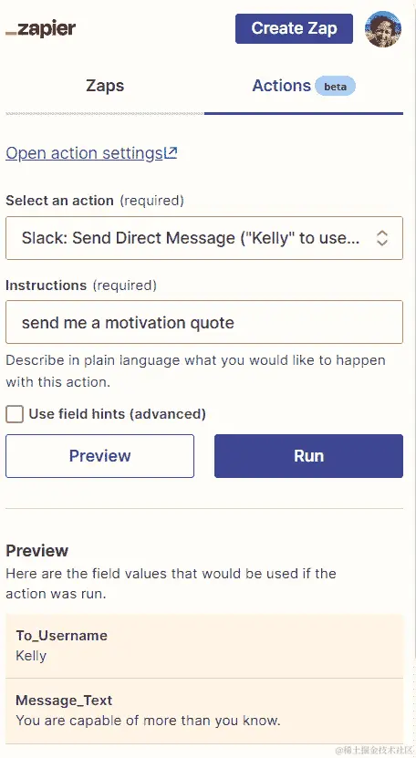 图 19.3 – 创建一个 Zapier Chrome 扩展 NLA 运行
