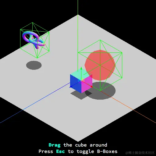 A knot object, a sphere object and a cube object in 3-D space. The knot and the sphere are encompassed by a virtual bounding box. The cube is intersecting the bounding box of the sphere. Text at the bottom reads: Drag the cube around. Press Esc to toggle B-Boxes.