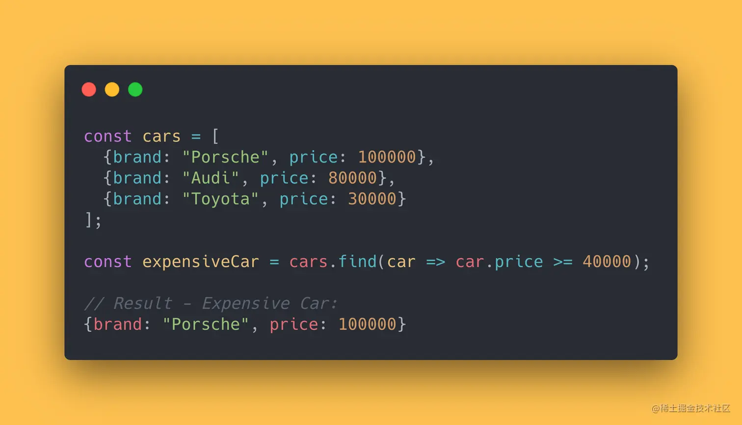 JS code block showing how to use the find method to find the first “expensive” car in an array.