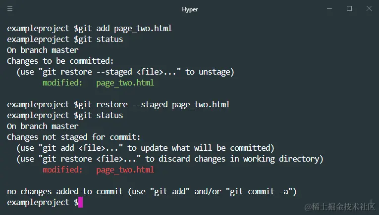 git restore --staged example