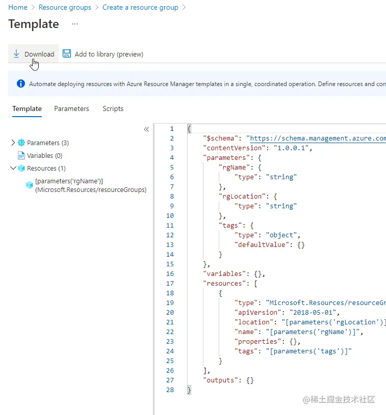 azure download template for create resource group